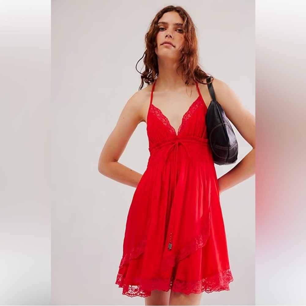 Free People Womens XL For A Moment Red Halter Top Mini Dress Lace Trim Lined New - Picture 1 of 11